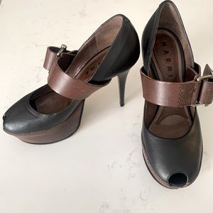 MARNI (Authentic!!) Black/Brown Leather Mary Jane Peep Toe Platform Heels